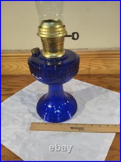 Aladdin Electrified Lamp Cobalt Blue Lincoln Drape Font Brass Electric Burner