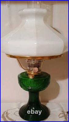 Aladdin Emerald Green & Gold Tone Lincoln Drape Oil Lamp & Shade Model 23 Burner