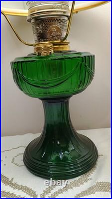 Aladdin Emerald Green & Gold Tone Lincoln Drape Oil Lamp & Shade Model 23 Burner