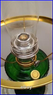 Aladdin Emerald Green & Gold Tone Lincoln Drape Oil Lamp & Shade Model 23 Burner