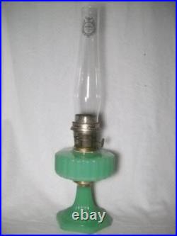 Aladdin Green Jadeite Corinthian Model B Oil Lamp with Burner & Chimney Circa 1930