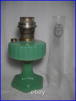 Aladdin Green Jadeite Corinthian Model B Oil Lamp with Burner & Chimney Circa 1930