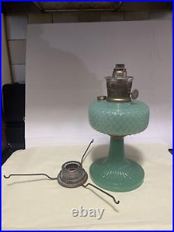 Aladdin Green Moonstone Jade Diamond Quilt Kerosene Oil Lamp Vtg Antique Withring