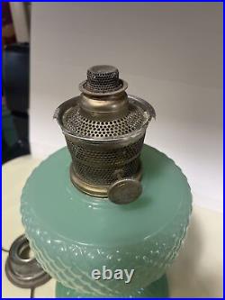 Aladdin Green Moonstone Jade Diamond Quilt Kerosene Oil Lamp Vtg Antique Withring