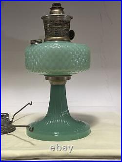 Aladdin Green Moonstone Jade Diamond Quilt Kerosene Oil Lamp Vtg Antique Withring