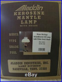 Aladdin Kerosene Brass Heritage Incandescent Oil Lamp with White Swirl Shade