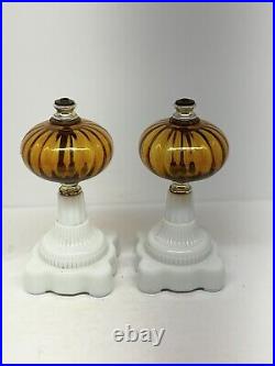 Aladdin Kerosene Oil Lamps Milk Glass And Amber Oil Lamps Pair