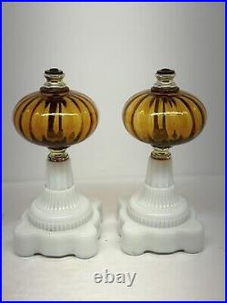 Aladdin Kerosene Oil Lamps Milk Glass And Amber Oil Lamps Pair