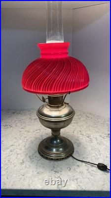 Aladdin Kerosine Converted Brass Base Red Fluted Glass Shade 23inches high #11