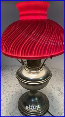 Aladdin Kerosine Converted Brass Base Red Fluted Glass Shade 23inches high #11