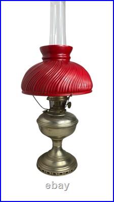 Aladdin Kerosine Converted Brass Base Red Fluted Glass Shade 23inches high #11