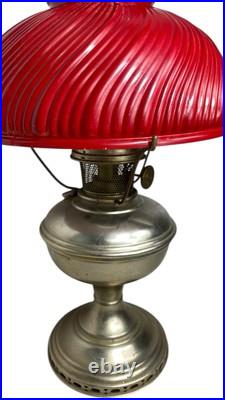 Aladdin Kerosine Converted Brass Base Red Fluted Glass Shade 23inches high #11