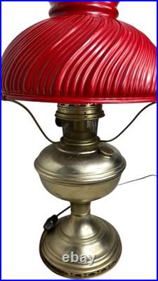 Aladdin Kerosine Converted Brass Base Red Fluted Glass Shade 23inches high #11