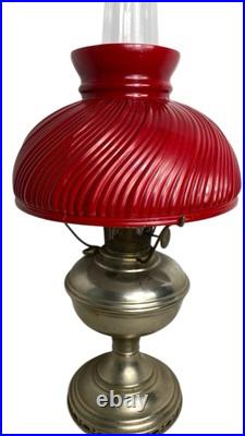 Aladdin Kerosine Converted Brass Base Red Fluted Glass Shade 23inches high #11
