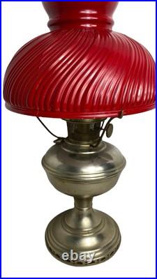 Aladdin Kerosine Converted Brass Base Red Fluted Glass Shade 23inches high #11
