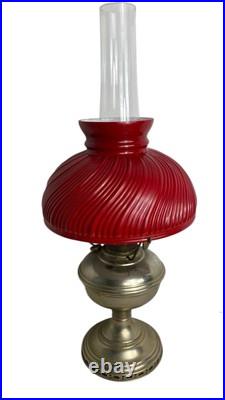 Aladdin Kerosine Converted Brass Base Red Fluted Glass Shade 23inches high #11