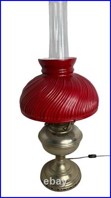 Aladdin Kerosine Converted Brass Base Red Fluted Glass Shade 23inches high #11