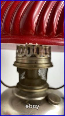 Aladdin Kerosine Converted Brass Base Red Fluted Glass Shade 23inches high #11