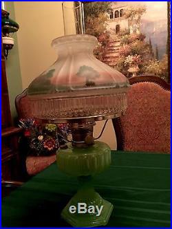 Aladdin Lamp, Green Moonstone Cathedral, Original Cabin Shade, Chimney, Mod B Burner