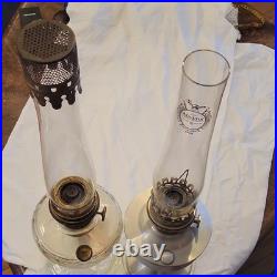 Aladdin Lot of 2 Clear Glass Oil/Kerosene Lantern Lamps with Chimneys Metal Base