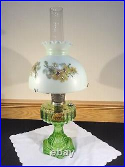 Aladdin Model 108 Cathedral Green Crystal Glass Floral Shade Kerosene Stand Lamp