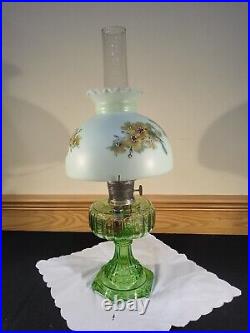 Aladdin Model 108 Cathedral Green Crystal Glass Floral Shade Kerosene Stand Lamp