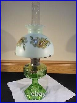 Aladdin Model 108 Cathedral Green Crystal Glass Floral Shade Kerosene Stand Lamp