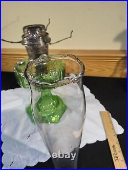 Aladdin Model 108 Cathedral Green Crystal Glass Floral Shade Kerosene Stand Lamp