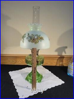 Aladdin Model 108 Cathedral Green Crystal Glass Floral Shade Kerosene Stand Lamp