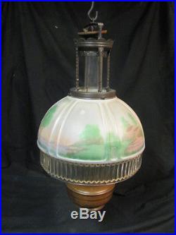 Aladdin Model 12 Hanging Ceiling 4 Post Lamp 616S Scenic Glass Shade Bronze