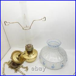 Aladdin Model 23 Brass Hanging Oil Lamp Glass Chimney Shade Blue Floral Hand Pai