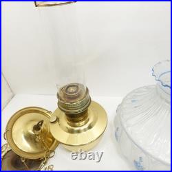 Aladdin Model 23 Brass Hanging Oil Lamp Glass Chimney Shade Blue Floral Hand Pai