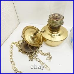 Aladdin Model 23 Brass Hanging Oil Lamp Glass Chimney Shade Blue Floral Hand Pai