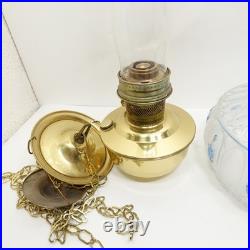 Aladdin Model 23 Brass Hanging Oil Lamp Glass Chimney Shade Blue Floral Hand Pai