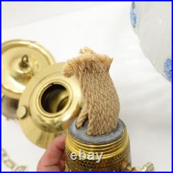 Aladdin Model 23 Brass Hanging Oil Lamp Glass Chimney Shade Blue Floral Hand Pai