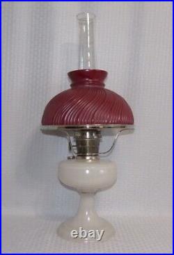 Aladdin Model A VENETIAN WHITE #100 Oil Lamp with BURGUNDY Glass Shade #703