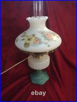 Aladdin Model B Cathedral Lamp Jade Green & White Moonstone Floral Shade