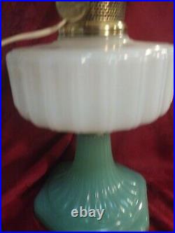 Aladdin Model B Cathedral Lamp Jade Green & White Moonstone Floral Shade