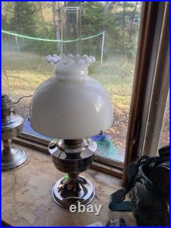 Aladdin Model C oil lamp, nickel, with burner, gallery, chimney, White Shade
