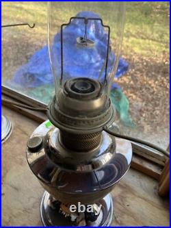 Aladdin Model C oil lamp, nickel, with burner, gallery, chimney, White Shade