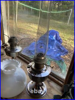 Aladdin Model C oil lamp, nickel, with burner, gallery, chimney, White Shade