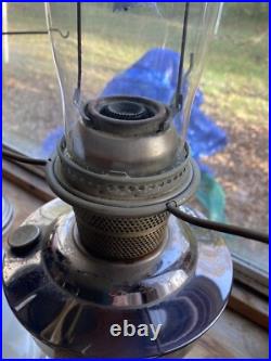 Aladdin Model C oil lamp, nickel, with burner, gallery, chimney, White Shade