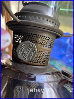 Aladdin Model C oil lamp, nickel, with burner, gallery, chimney, White Shade