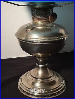 Aladdin Nickel Model 11 Oil Lamp with Blue Shade