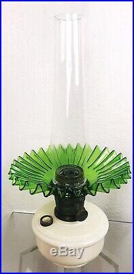 Aladdin Nu Type Model B Milk Glass and Green Shade Petticoat Kerosene Table Lamp
