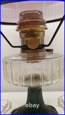 Aladdin Oil Lamp Corinthian B-104 Black Glass Foot Clear Font 1936 & Red Shade