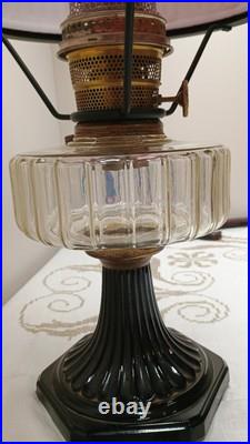 Aladdin Oil Lamp Corinthian B-104 Black Glass Foot Clear Font 1936 & Red Shade