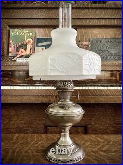 Aladdin Oil Lamp, Frosted Glass Shade Nickel Brass Vintage Old Antique