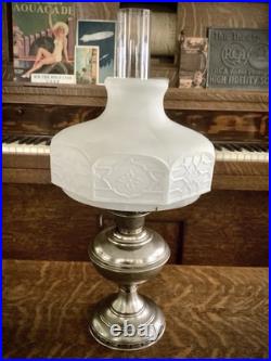 Aladdin Oil Lamp, Frosted Glass Shade Nickel Brass Vintage Old Antique