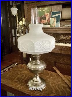 Aladdin Oil Lamp, Frosted Glass Shade Nickel Brass Vintage Old Antique